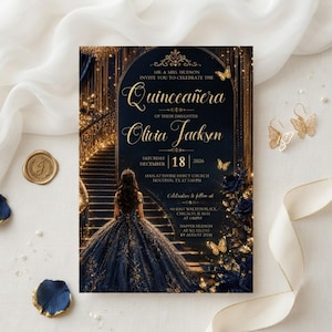 Black and Gold Quinceañera Invitation Template, Elegant Butterfly Mis Quinceañera Invite, Dark Navy 15th Birthday Party, Editable Canva