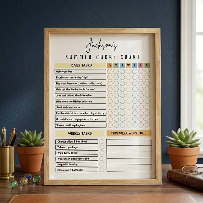 Puede incluir: Un cuadro de tareas enmarcado con el t&iacute;tulo "Jackson's SUMMER CHORE CHART". El cuadro incluye tareas diarias y semanales con casillas de verificaci&oacute;n para cada d&iacute;a de la semana. El marco es de color marr&oacute;n claro y el fondo es crema.