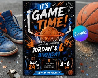 Basketball Birthday Invitation Digital Basketball Game Sports Party American Black Gold Birthday Invite Personalized Canva Template