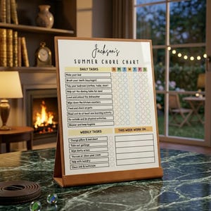 Puede incluir: Un cuadro de tareas de verano con un marco marr&oacute;n. Incluye tareas diarias y semanales, con casillas de verificaci&oacute;n para cada d&iacute;a de la semana. El t&iacute;tulo es "Jackson's SUMMER CHORE CHART".