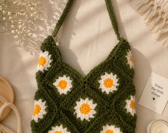 Handgemaakte madeliefje gehaakte schoudertas | Vierkante draagtas oma | Boho bloemen portemonnee | Cottagecore gehaakte handtas | Cadeau voor haar