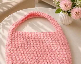 Handgemaakte roze gehaakte schoudertas | Handtas met noppensteek met textuur | Leuke gebreide portemonnee | Damesmodetas | Cadeau voor haar
