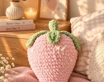 Handgemaakt pluizig aardbeienkussen, schattig roze fruitkussen, esthetische kamerdecoratie, knus pluche kussen, kawaii cadeau, decoratie voor de kinderkamer