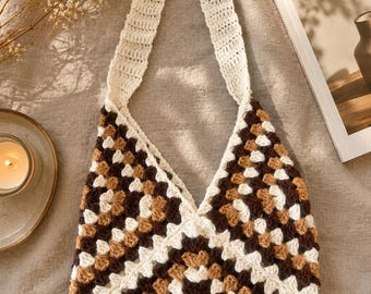 Handgemaakte gehaakte draagtas | Milieuvriendelijke boho-handtas | Neutrale bruine en crèmekleurige markttas | Cadeau voor haar
