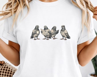Funny Pigeon Daily Routine T-Shirt, Coffee News Phone Bird Tee, Vintage Pigeon Graphic Tee, Cute Urban Bird Humor Tee, Whimsical Pigeon Tee