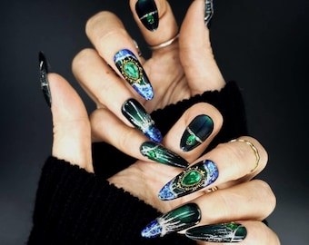 Gothic Forest Green Press On Nails | 3D Gem, Galaxy Glitter Finish | GOT1006