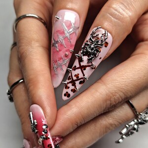 Bloody Pink Grunge Press On Nails | Handmade Leopard and Cross Nail Art | Reusable for Daily & Goth Wear | Gift for Her | GOT1018 image 4