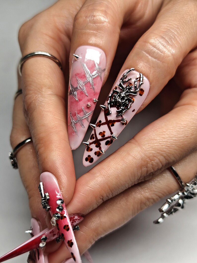 Bloody Pink Grunge Press On Nails | Handmade Leopard and Cross Nail Art | Reusable for Daily & Goth Wear | Gift for Her | GOT1018 image 4