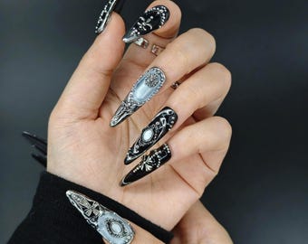 Gothic Black Silver Press On Nails | 3D Metal Floral Carving Accents Nails | Dark Grunge Nail Art | Gift for Her | GOT1013