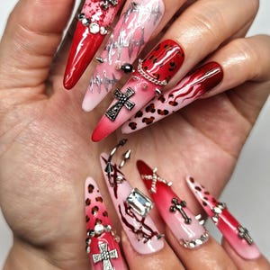 Bloody Pink Grunge Press On Nails | Handmade Leopard and Cross Nail Art | Reusable for Daily & Goth Wear | Gift for Her | GOT1018 image 6
