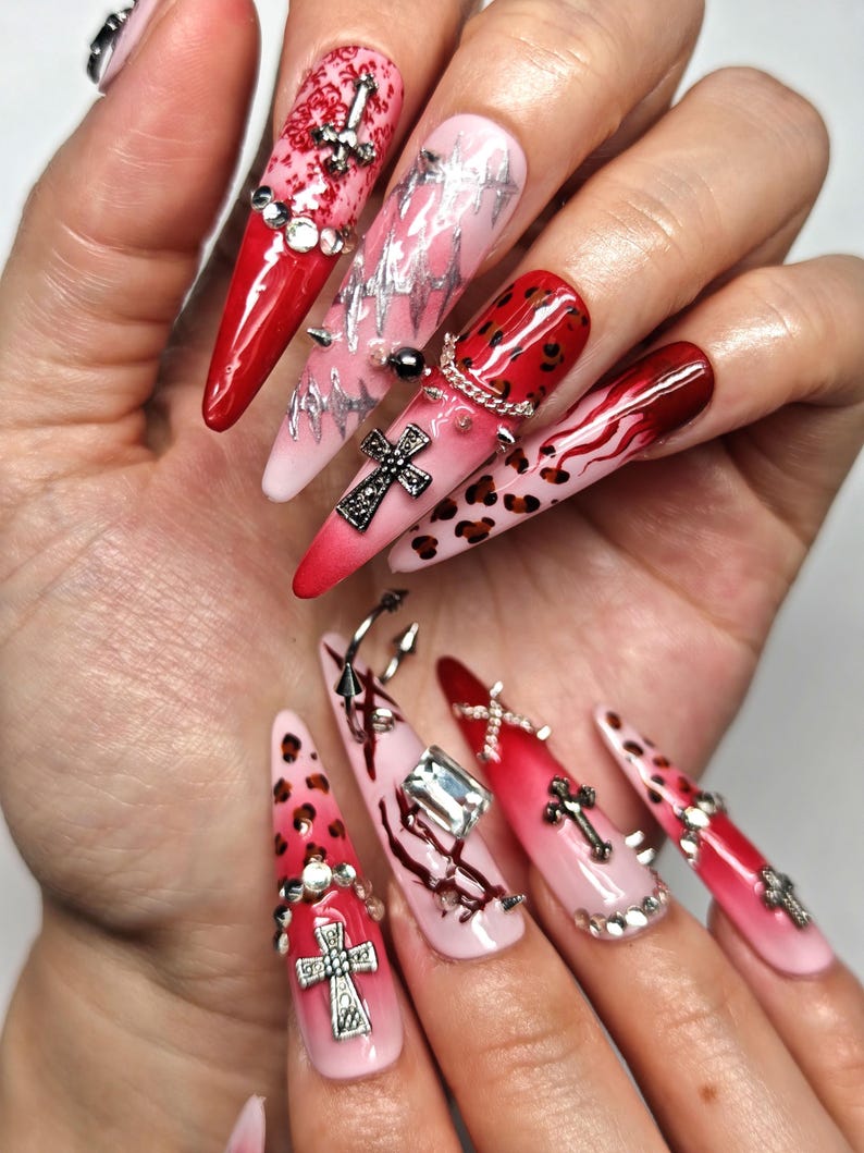 Bloody Pink Grunge Press On Nails | Handmade Leopard and Cross Nail Art | Reusable for Daily & Goth Wear | Gift for Her | GOT1018 image 6