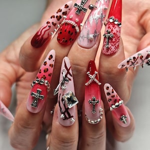 Bloody Pink Grunge Press On Nails | Handmade Leopard and Cross Nail Art | Reusable for Daily & Goth Wear | Gift for Her | GOT1018 image 1