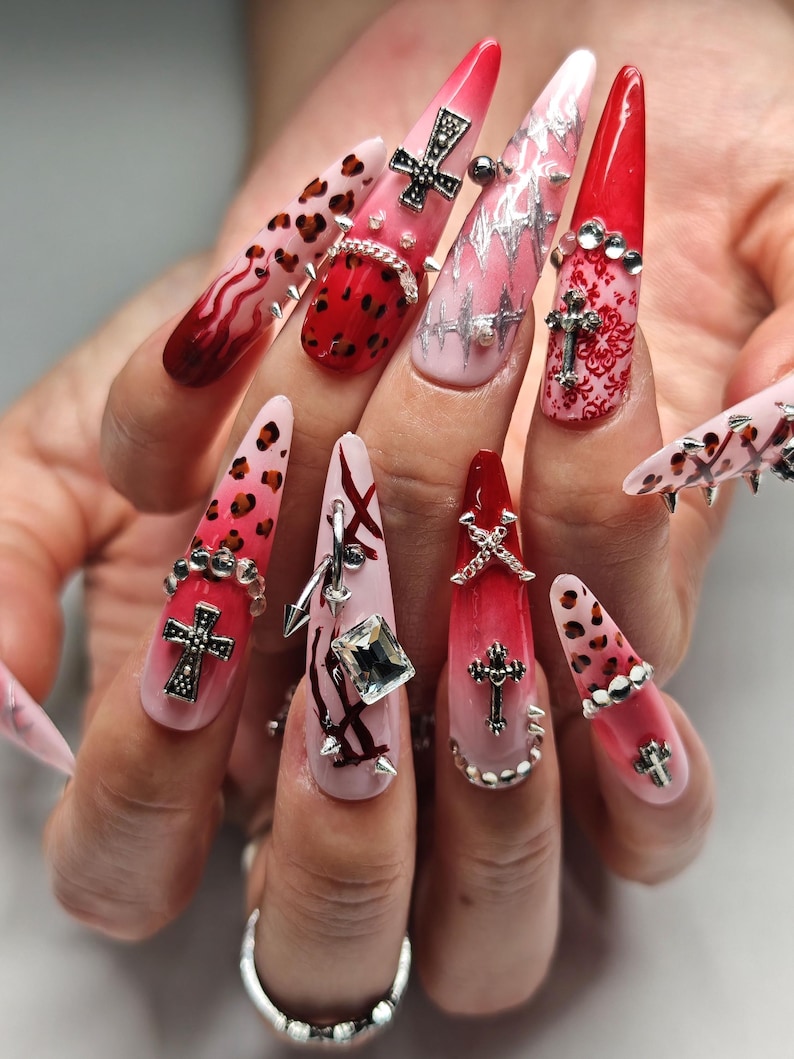 Bloody Pink Grunge Press On Nails | Handmade Leopard and Cross Nail Art | Reusable for Daily & Goth Wear | Gift for Her | GOT1018 image 1