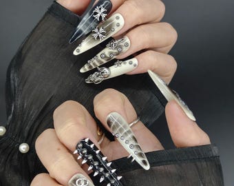 Gothic Grunge Press On Nails | Handmade Silver Skull & Spike Nail Art | Reusable for Daily and Goth Wear | Gift for Her | GOT1014