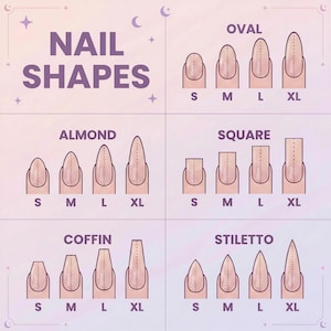 May include: A guide to nail shapes, including oval, almond, square, coffin, and stiletto, in sizes small (S), medium (M), large (L), and extra-large (XL). The text "NAIL SHAPES" is displayed in purple at the top of the image.