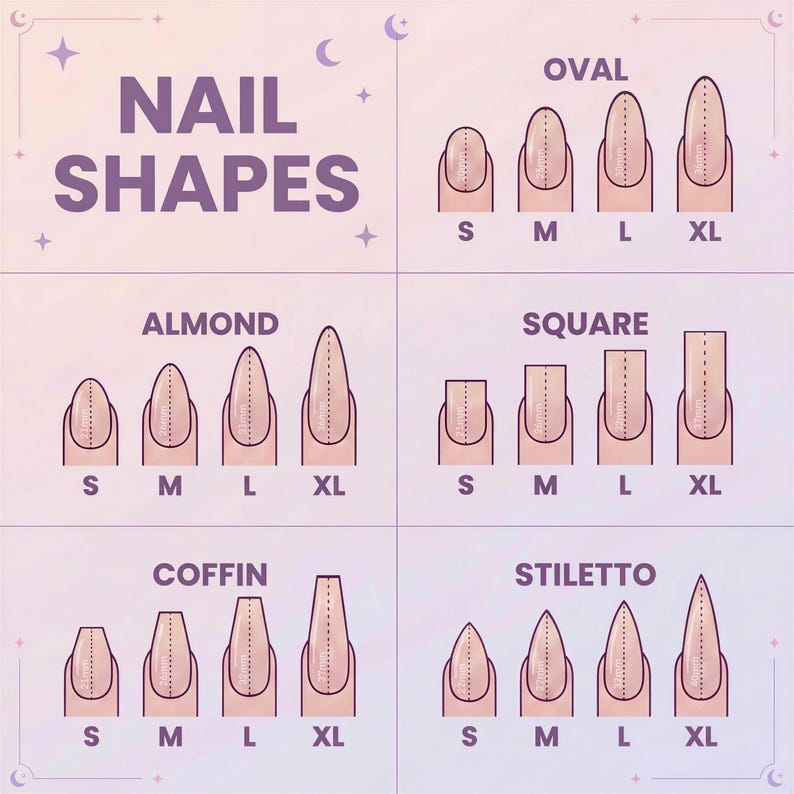 May include: A guide to nail shapes, including oval, almond, square, coffin, and stiletto, in sizes small (S), medium (M), large (L), and extra-large (XL). The text "NAIL SHAPES" is displayed in purple at the top of the image.