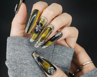 Yellow Black Marble Press On Nails | | Gothic Metal Carving Accents  Nail Art |GOT1012