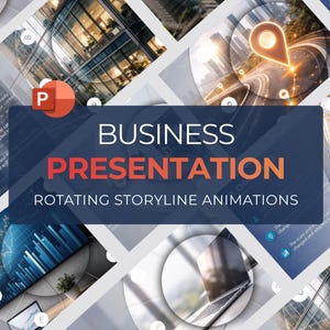 Könnte beinhalten: Digitales Präsentationsdesign mit dem Text "BUSINESS PRESENTATION" und "ROTATING STORYLINE ANIMATIONS". Das Design enthält Bilder von Gebäuden, Diagrammen und einem Laptop mit einem Microsoft PowerPoint-Logo.