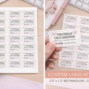 May include: Rectangular custom logo stickers with the text "TWINKLE OCCASIONS" and social media icons. Each sticker measures 2.3 inches by 1.2 inches. The stickers are displayed on a white sheet, with a total of 22 stickers per sheet.