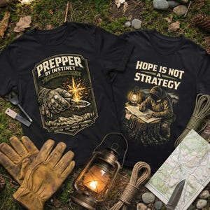 Könnte beinhalten: Zwei schwarze T-Shirts mit Outdoor-Motiven. Eines der Shirts trägt die Aufschrift "Prepper by Instinct" mit einer Hand, die ein Messer hält. Das andere sagt "Hope is Not a Strategy" mit einer Person, die eine Karte liest. Zubehör umfasst Handschuhe, eine Laterne und eine Karte.