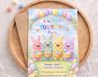 Easter Egg Hunt Invitation, Party with my Peeps Canva Template, Kids Easter Bunny Invite, Pastel Floral Egg Hunt, Instant Download