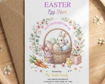 Easter Egg Hunt Invite, Hop on Over Invitation, Pastel Eggs, Baby Chick, Spring Garden Party, Editable Canva Template, Digital Printable