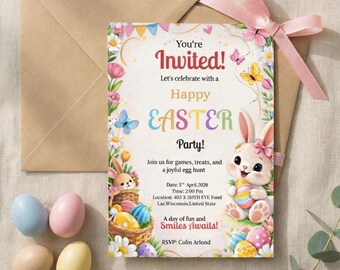 Easter Egg Hunt & Brunch Invitation, Cute Bunny Spring Garden Party Invite for Kids, Editable Canva Template, DIY Digital Instant Download