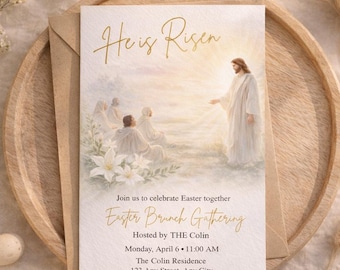 He Is Risen Religious Easter Invitation, Church Sunday Service, Easter Brunch Invite, Editable Canva Template, Printable 4K Digital Flyer