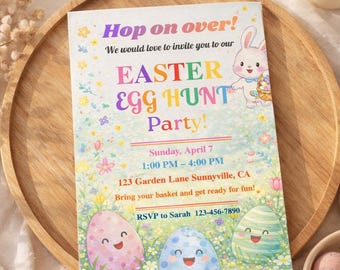 Easter Egg Hunt Invitation Template, Cute Bunny Watercolor Easter Party Invite, Editable Kids Easter Brunch Invitation, Digital Download