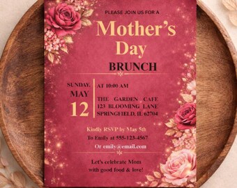 Editable Floral Pink & Gold Party Invite for Mother's Day, Brunch Invitation Instant Download
