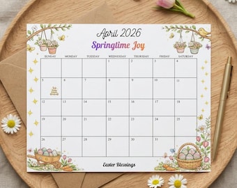 Editable April 2026 Calendar, Pastel Easter Bunny, Spring Garden Flowers, Kids School Schedule, Classroom Planner, Printable PDF Download