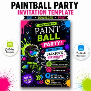 Può includere: Un modello di invito per una festa di paintball con sfondo nero e schizzi di vernice colorati. L'invito include il testo "PAINTBALL PARTY" e i dettagli per il compleanno di Jackson, tra cui data, ora, luogo e informazioni RSVP. Il design presenta un'illustrazione di un giocatore di paintball.
