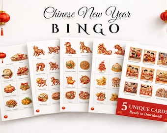 Chinese New Year 5 Bingo Cards, Lunar New Year Party Game Cards for Kids, Adult, Couple, Printable games For Group Playing!