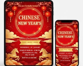 2026 Year of the Horse Invitation Red Gold Chinese New Year Invite Editable Lunar Party Card Digital Instant Download Canva DIY Template