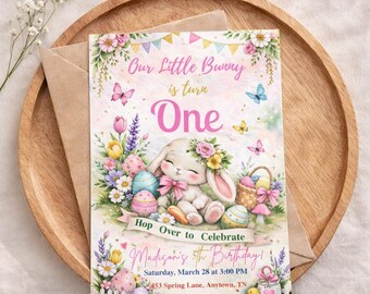 Some Bunny is Turning One Birthday Invitation, Easter First Birthday Invite, Editable Bunny Egg Hunt Template, Spring 1st Birthday Canva
