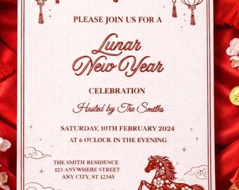 Fire Horse Lunar New Year Invitation Chinese Party Invite Template Zodiac Birthday Celebration Digital Instant Download