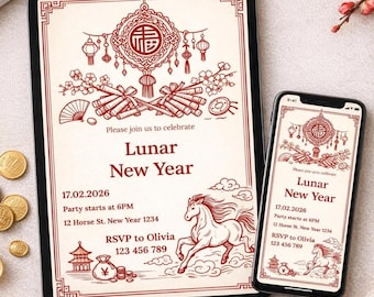 Lunar New Year Invitation Template for Year of the Fire Horse Party Editable Chinese Celebration Digital Download Modern Red Gold Invite