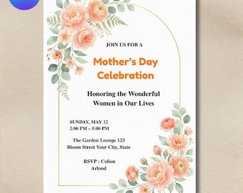 Plantilla editable de invitación floral para el Día de la Madre con tarjeta "Amor de Mamá" rosa estilo bohemio para brunch del Día de la Madre. Tarjeta digital para almuerzo de fiesta del Día de la Madre.