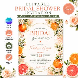 Könnte beinhalten: Eine editierbare Brautparty-Einladung mit floralen und Zitrusfrucht-Akzenten. Das Design zeigt den Text "Bridal Shower" und Eventdetails, einschließlich des Namens der Geehrten, Datum und Uhrzeit. Die Einladung kann in Canva bearbeitet werden.