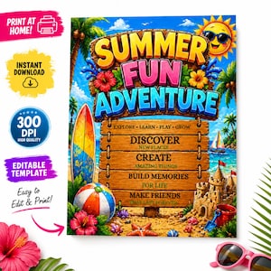 Könnte beinhalten: Ein farbenfroher digitaler Kunstdruck mit den Worten "SUMMER FUN ADVENTURE". Das Bild zeigt eine Strandszene mit Surfbrett, Strandball, Sandburg und einer lächelnden Sonne. Der Text enthält "DISCOVER", "CREATE", "BUILD MEMORIES" und "MAKE FRIENDS".