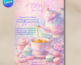 Invitación caprichosa para una fiesta de té del Día de la Madre, plantilla de invitación para fiesta de té en tonos pastel, descarga digital de té y cupcakes mágicos, editable en Canva.