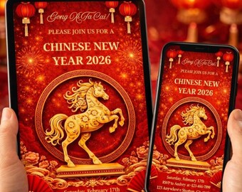 Year of the Fire Horse 2026 Chinese New Year Party Invitation Lunar New Year Editable Canva Template Red Gold Asian Birthday Invite Digital