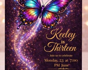 Editable Butterfly Birthday Invitation, Purple and Pink Butterfly Party Invite, Girls 13th Birthday Canva Template, Digital Download