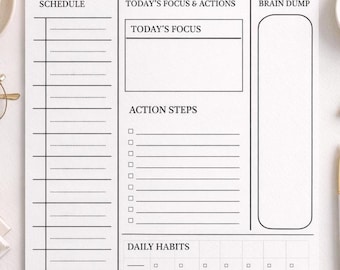 Daily Agenda Template, Productivity Planner with Habit Tracker, Brain Dump & Action Steps, Aesthetic Schedule Printable, Digital Planner