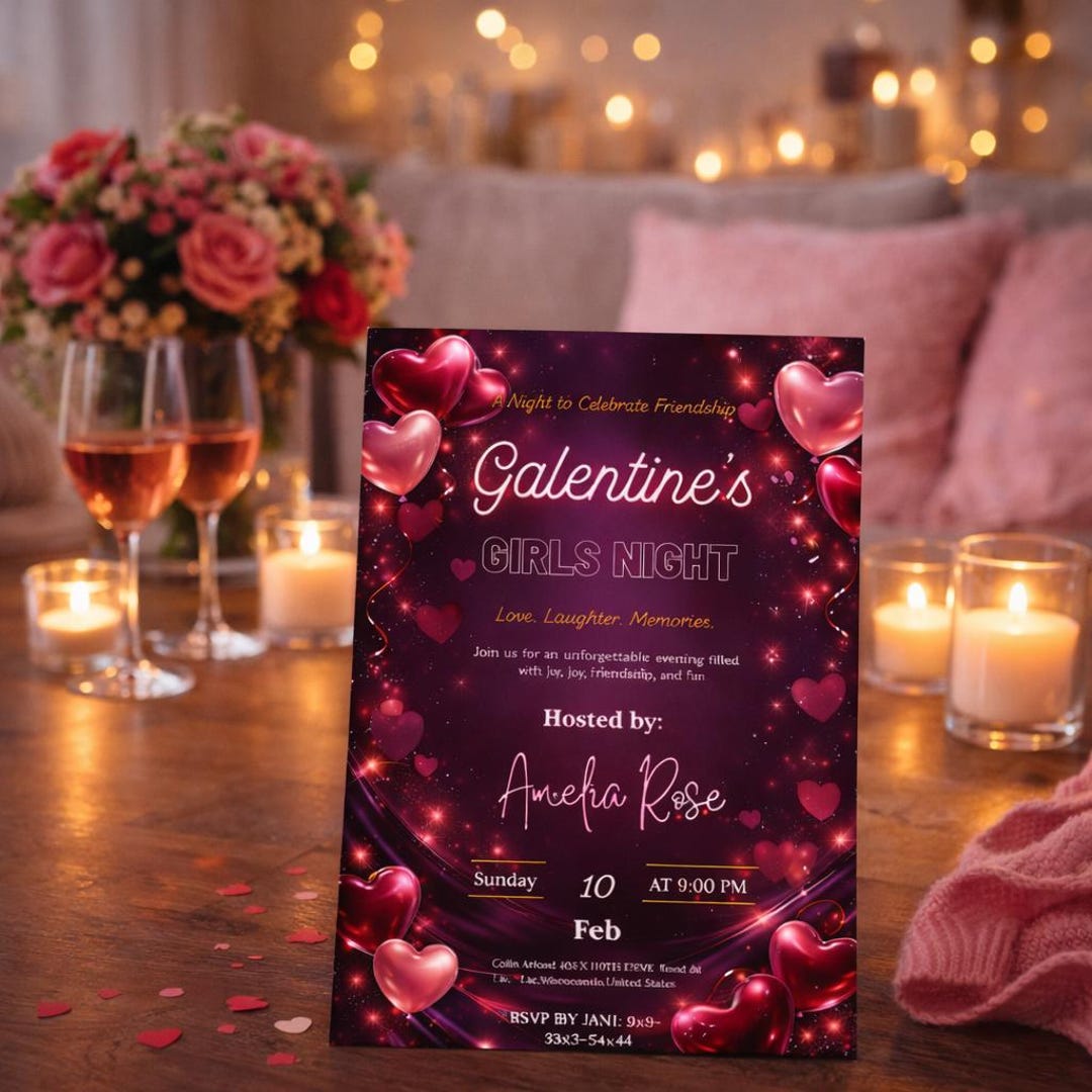Editable Galentine’s Day Girls Night Invitation, Retro Heart Friends ...