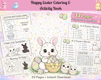 Easter Activity Book for Kids, 34 Page Printable Easter Coloring Pages, Kids Easter Games Bundle, Easter Basket Stuffer, Canva Template