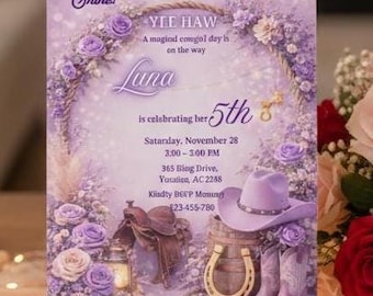 Lavender Cowgirl Birthday Invitation and Purple Western Rodeo Yee Haw Hoedown Editable Template for Retro Girl Digital Party Invite