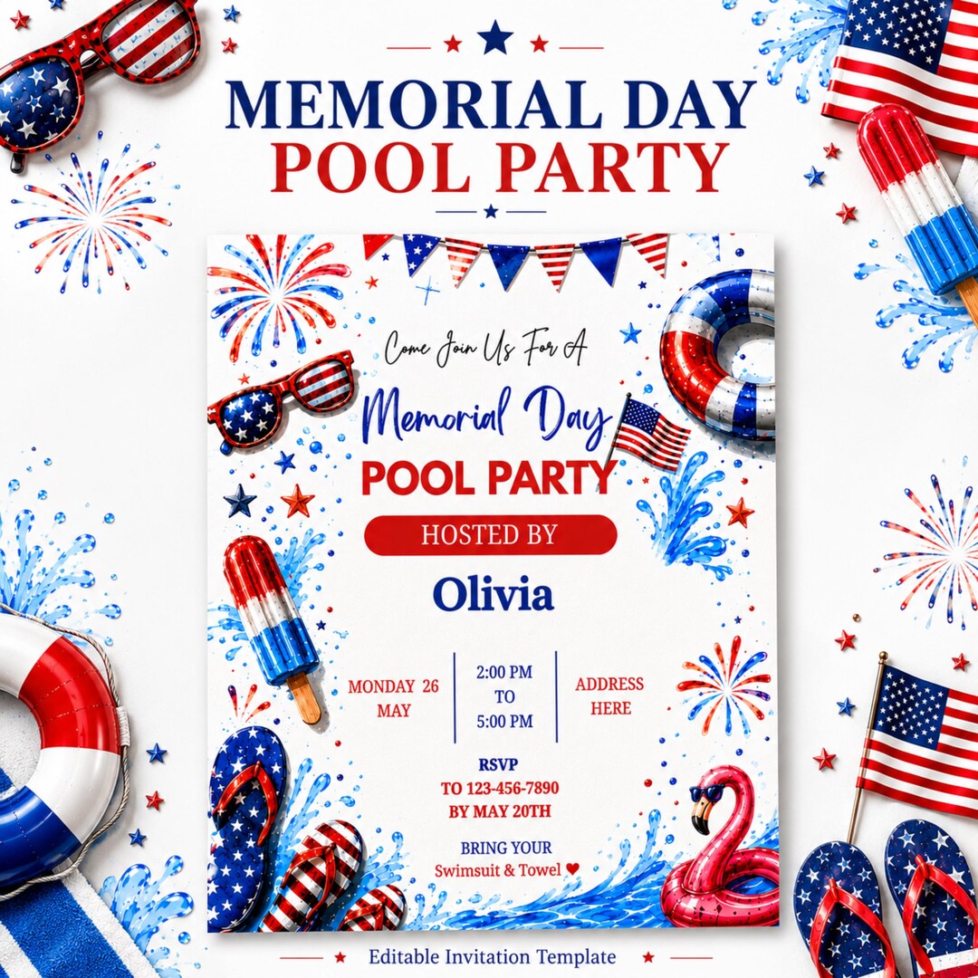 Memorial Day Pool Party Invitation Editable, Patriotic Summer Pool ...