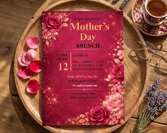 Invitación editable para fiesta con diseño floral rosa y dorado para el Día de la Madre, invitación para brunch (descarga instantánea)