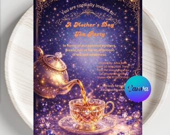 Invitación editable para la fiesta del té del Día de la Madre, brillo dorado y púrpura celestial, evento mágico de té de la tarde, plantilla digital de Canva para descargar.